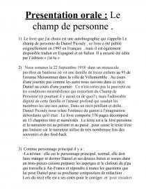 Presentation Orale : Le Champ De Personne, Daniel Picouly - Fiche De Lecture  - Dauleon